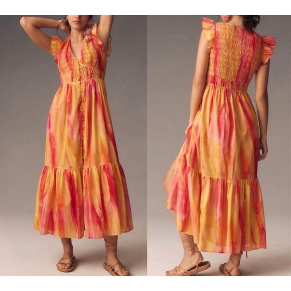 Anthropologie Pink and Yellow Watercolor Midi Dress